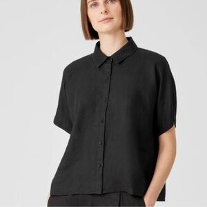 Eileen Fisher NWT Black Handkercheif Organic Linen Button Down Short Sleeve Top